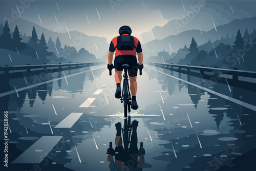 Cyclist riding a bicycle on a wet road in a mountain landscape during a rainstorm