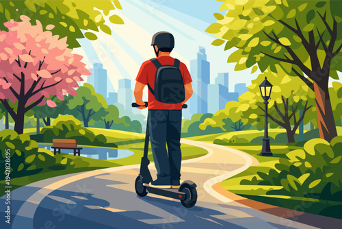 Man riding an electric scooter through a green park towards a city skyline