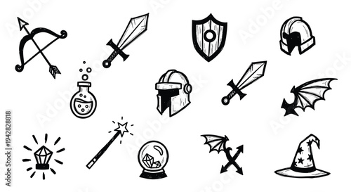 Fantasy Game Icons Set Magic Weapons Armor Potions Crystal Ball