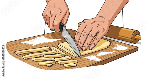 Hands Cutting Dough on Board.