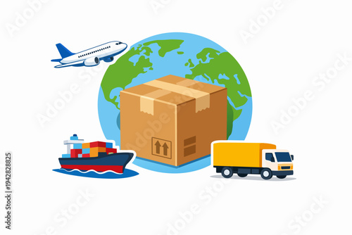 Global logistics concept with package delivering by air, sea, and land transport