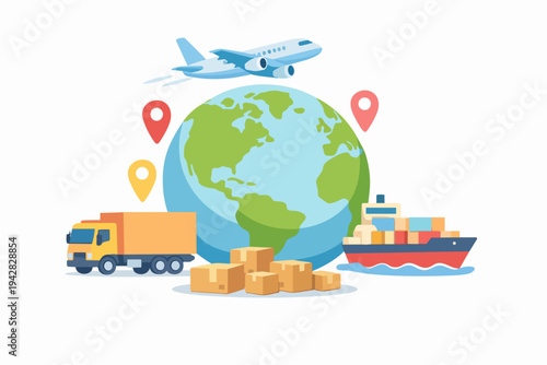 Global logistics system transporting goods worldwide with airplane, truck, ship, and packages