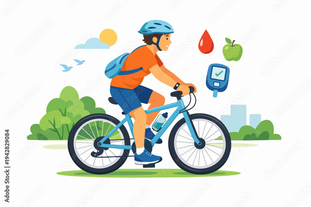 Fototapeta premium Person cycling, managing diabetes with glucometer, blood drop, and apple for health