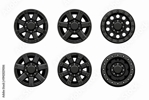 Custom black off-road vehicle rims collection offering automotive design variations