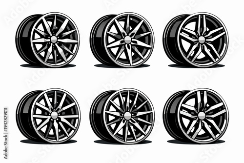 Car alloy wheels collection displaying various shiny automotive rim designs