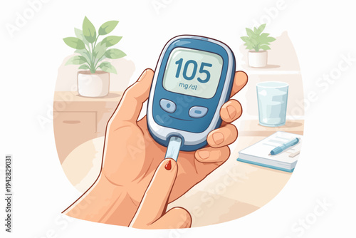 Hand holding a glucose meter, using a test strip to measure blood sugar
