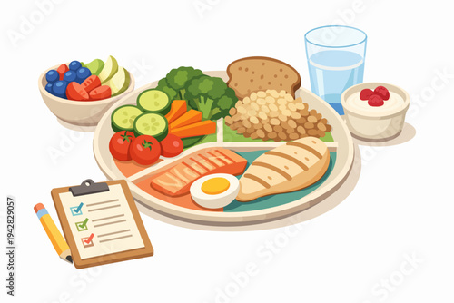 Balanced meal plate and healthy nutrition plan checklist for dietary wellness