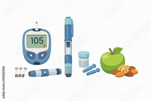 Diabetes management: monitoring blood sugar with glucometer and healthy food