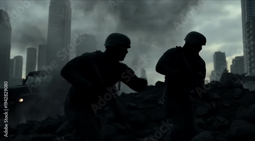 Dark Silhouette of Military Soldiers in Action with Rifles in an Urban City Wasteland Background