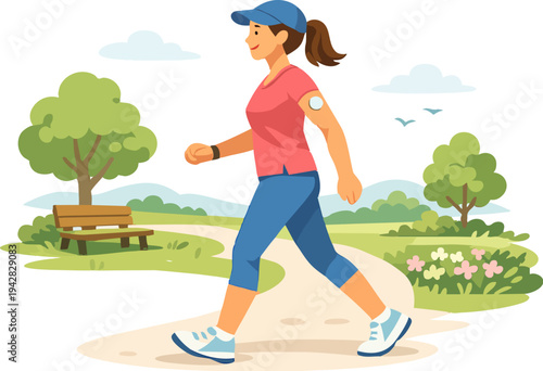 Woman monitoring blood sugar with CGM sensor while enjoying a walk in a green park