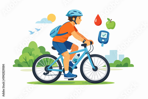Person cycling, managing diabetes with glucometer, blood drop, and apple for health