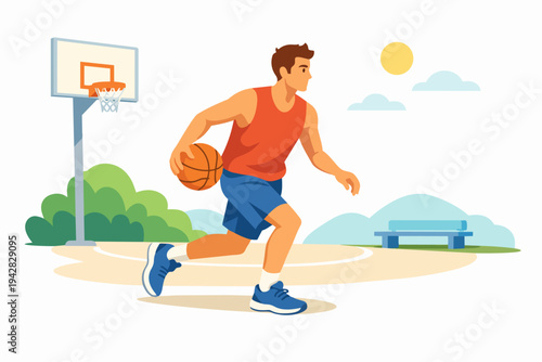 Young man playing basketball dribbling ball on a sunny outdoor court