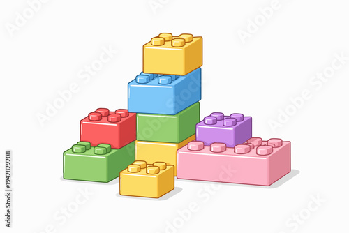 Stacking colorful plastic building blocks creating different structures for child play