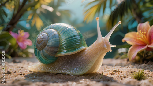 Snail on sand among tropical plants and flowers in soft sunlight. Ideal for nature banners, travel content, biology articles, or web design.
