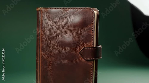 Close Up of Brown Textured Leather Wallet on Green Backdrop under Bright Studio Lighting. High End Accessories