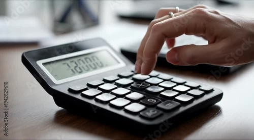 Close Up of Hand Operating Calculator on Wooden Desk