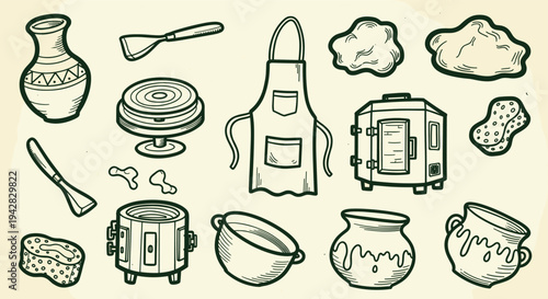 Pottery making tools and materials illustration