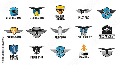 Collection of drone and aviation logos and emblems.