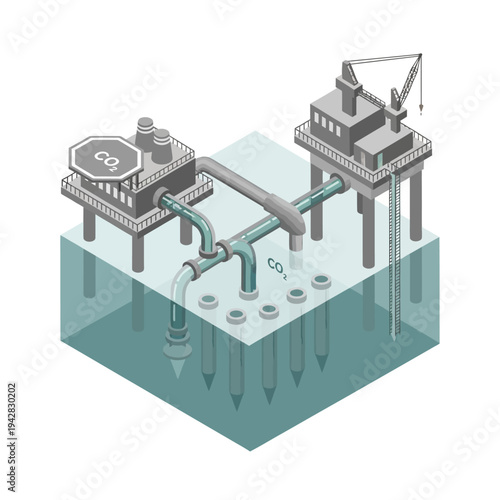 Isometric illustration of offshore carbon capture and storage technology with platforms, pipelines, and CO2 injection into the seabed.