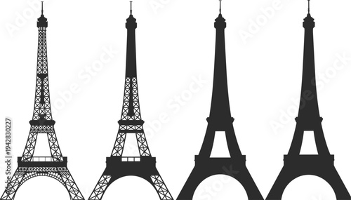 Eiffel Tower silhouettes collection isolated on white background, famous Paris landmark icon set for travel and architecture design