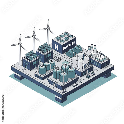 Isometric illustration of a modern green hydrogen production facility powered by renewable energy, featuring wind turbines, solar panels, and industrial infrastructure.