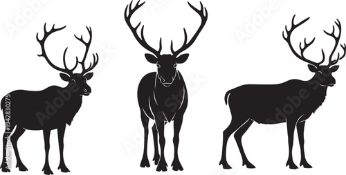Three Black Silhouettes of Deer with Large Antlers Standing