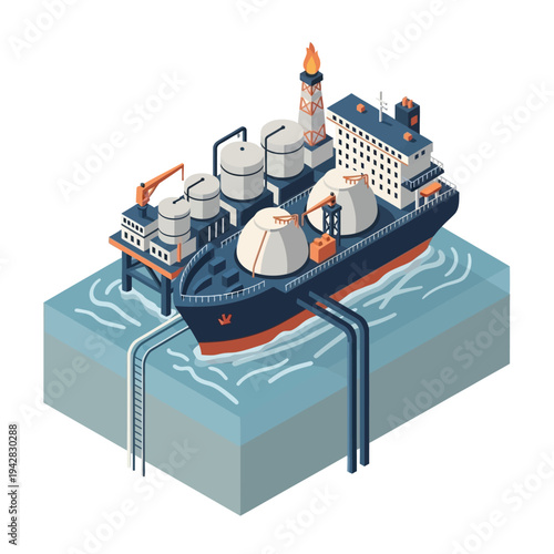 Isometric illustration of an offshore LNG terminal with a large tanker ship, storage tanks, and pipelines for natural gas processing and transport.