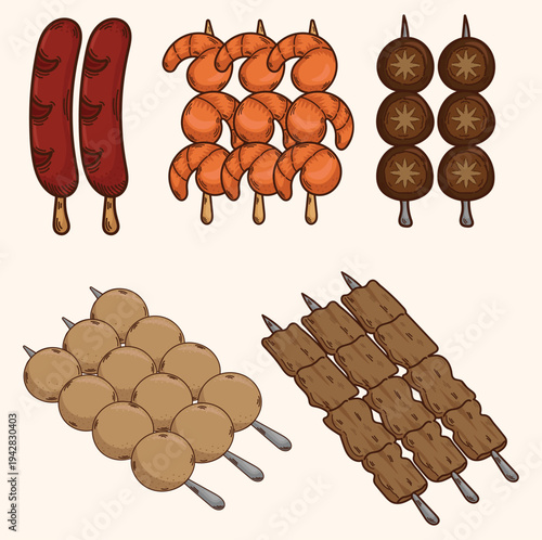 Illustration of several types of satay sausage satay meatballs shrimp mushroom and chicken satay