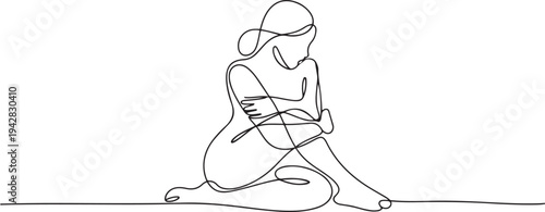 Continuous line art or One Line Drawing of a woman sitting hugging herself. linear style and Hand drawn vector illustrations, outline. one line Icon drawing