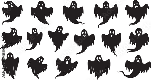 Collection of black ghost silhouettes on white background