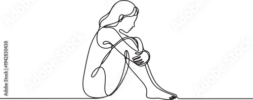 Continuous line art or One Line Drawing of a woman sitting hugging herself. linear style and Hand drawn vector illustrations, outline. one line Icon drawing