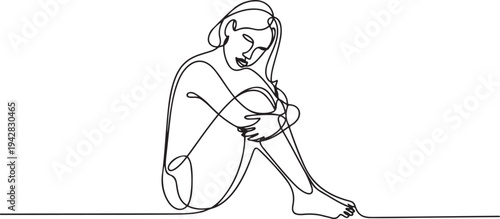 Continuous line art or One Line Drawing of a woman sitting hugging herself. linear style and Hand drawn vector illustrations, outline. one line Icon drawing