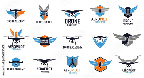 Collection of drone logos and emblems for aviation academies.
