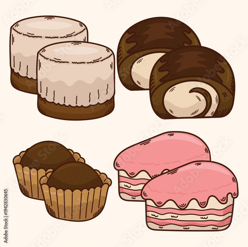 Illustration of sponge cake cake with chocolate strawberry and vanilla flavors desserts cafe 