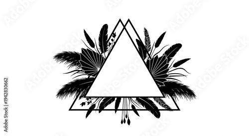 Elegant Geometric Triangle Frame with Botanical Silhouettes for Modern Branding and Decorative Design