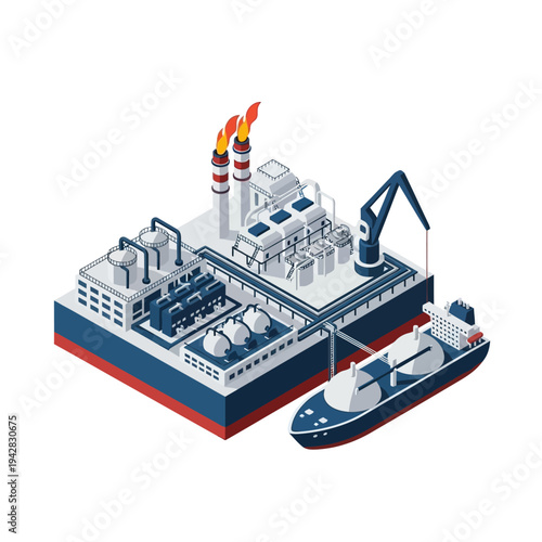 Isometric illustration of a liquefied natural gas (LNG) terminal with a ship docked for loading or unloading, showcasing industrial infrastructure and energy transfer processes.