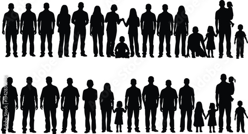 Family people silhouettes collection isolated on white background, parents children and adults standing figures for social lifestyle design