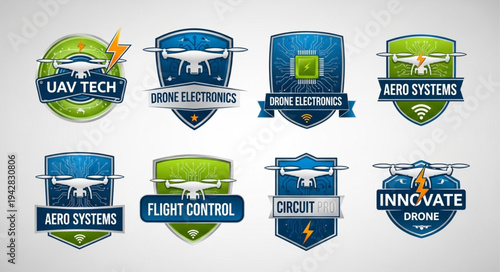 Collection of drone technology logos and emblems.