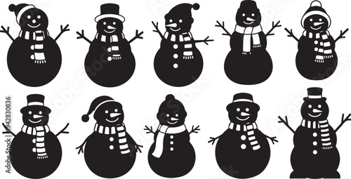 Black Silhouette Snowmen in Various Hats and Scarves Winter