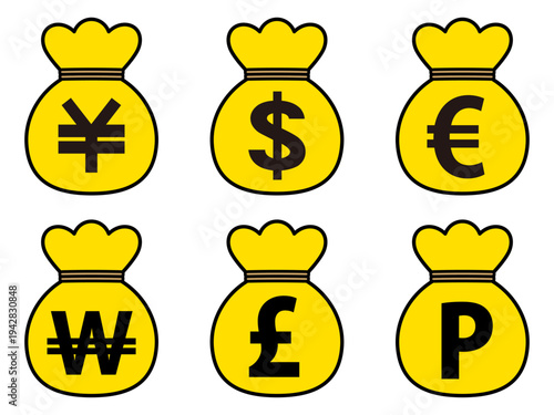 世界の通貨のお金袋のイラスト素材セット