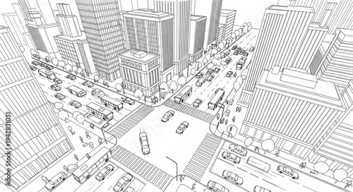 Aerial view of a city skyline with buildings and streets.