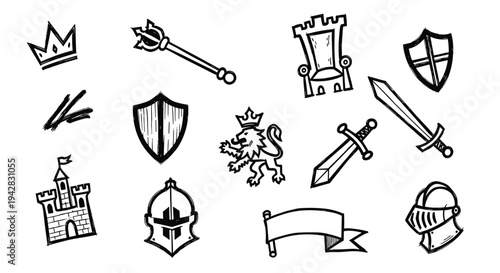 Medieval Royal Symbols Collection Doodle Icons Set