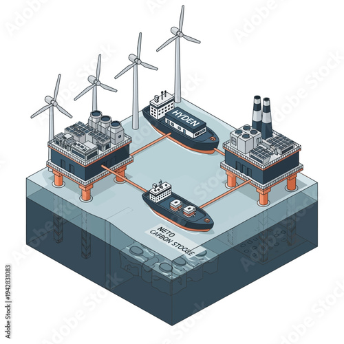 Isometric illustration of an offshore energy system with wind turbines, industrial platforms, ships, and underwater carbon storage.