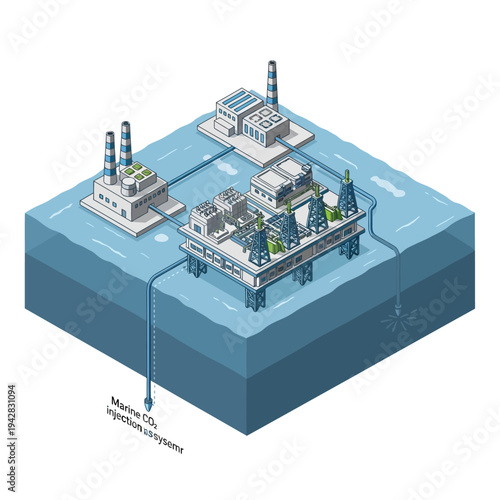 Illustration of an offshore carbon capture and storage facility, showing CO2 injection into subsea geological formations for environmental protection.