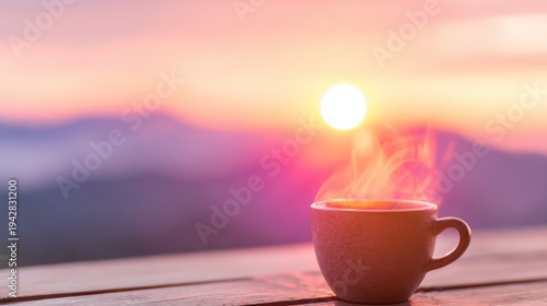 Warm cup of coffee by the window during sunset in a peaceful setting