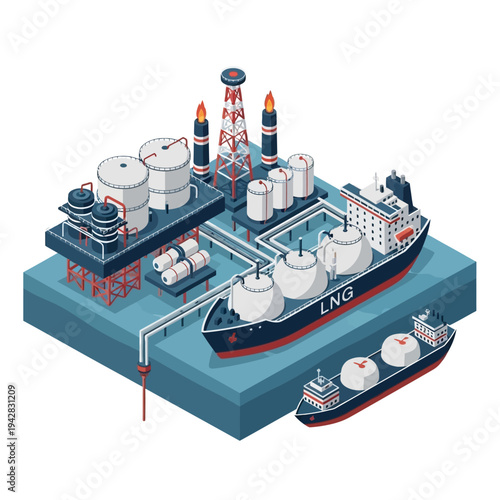 Isometric illustration of an offshore liquefied natural gas (LNG) processing plant with storage tanks and transport ships.
