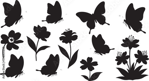 Black silhouettes of butterflies and flowers on white background