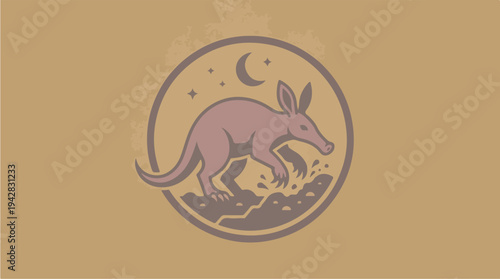 Aardvark Walking Under the Night Sky with Moon and Stars.