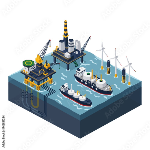 Isometric illustration depicting offshore oil and gas extraction alongside renewable wind energy production and transport.