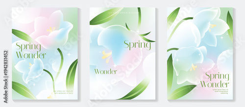 Spring flowers poster vector set. Botanical pastel gradient background and white floral design for spring and summer sale ads, invitation backgrounds, cards, branding, packaging and wall decoration.